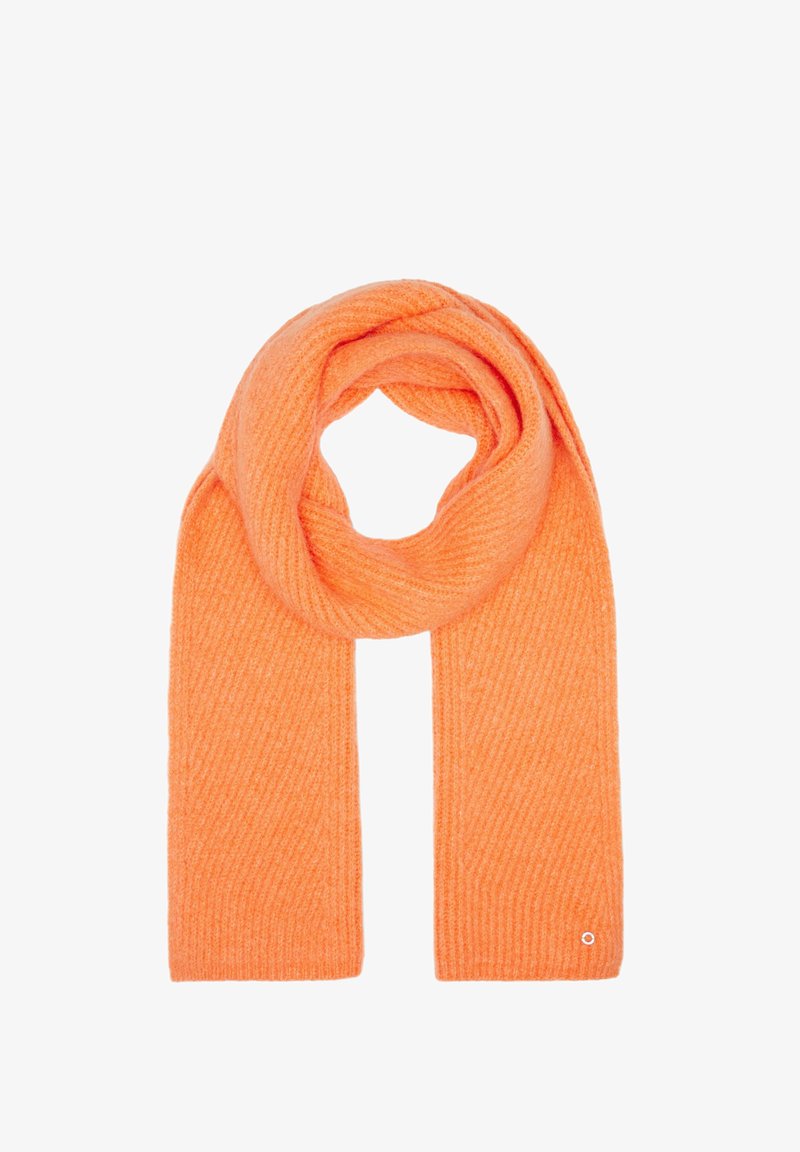Écharpe tricotée orange avec une texture côtelée, présentant un design simple et un petit détail logo à une extrémité. Tissu doux et chaud.