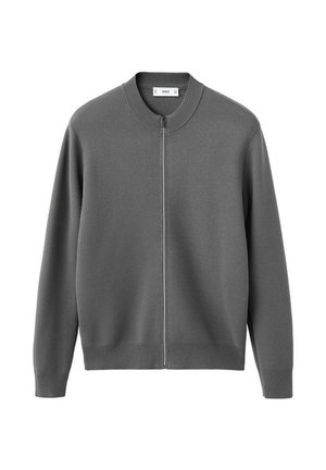 Cárdigan gris con cremallera completa, con cuello, puños y bajo acanalados, presentado sobre un fondo blanco.