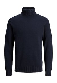 Námořnický rolák vyrobený z měkkého pleteného materiálu. Má ribbované manžety, vysoký límec a přiléhavý střih. Bez viditelných vzorů.