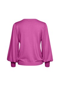 Rosa Pullover-Sweater mit langen, gerafften Ärmeln, gerippten Bündchen und rundem Halsausschnitt. Glatte Textur mit gleichmäßiger Dehnung über die Oberfläche.