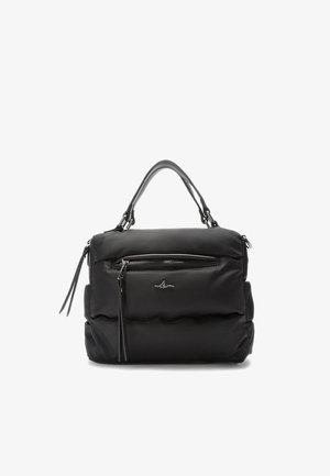 Juoda paminkštinta rankinė su dviem rankenomis, blizgančiu sidabriniu užtrauktuku ir detalėmis, turinti priekinę kišenę ir minkštą nailono tekstūrą.