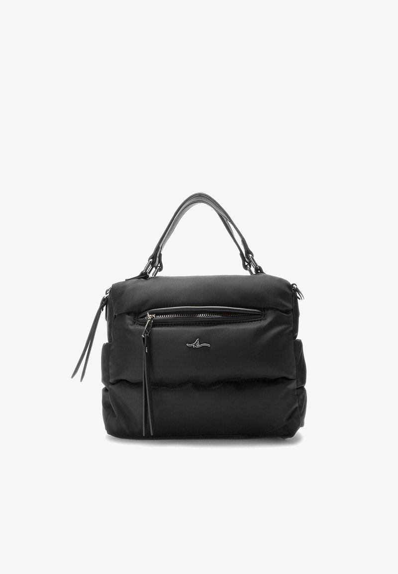 Čierna prešívaná kabelka s dvojitými rúčkami, lesklým strieborným zipsom a detailmi, s predným vreckom a jemnou nylonovou textúrou.