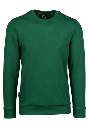 Grüner Crewneck-Pullover aus weichem Baumwollstoff. Mit gerippten Bündchen und Saum, sowie einem kleinen Logodetail auf der Vorderseite.