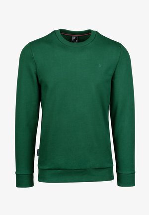 Green crewneck sweatshirt made of soft cotton fabric. Features ribbed cuffs and hem, with a small logo detail on the front.