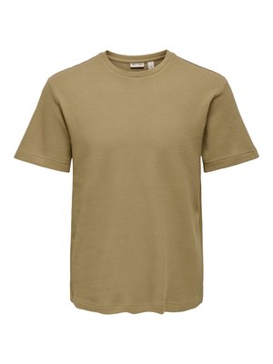 T-shirt da uomo a maniche corte in maglia waffle di colore marrone chiaro con scollo rotondo, vestibilità comoda e tessuto strutturato.
