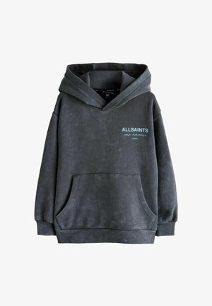 Kohlegrauer Kapuzenpullover mit Kängurutasche vorne und hellblauem "ALLSAINTS"-Logo sowie japanischem Text auf der Brust.