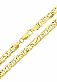 Collana a catena color oro con anelli intrecciati e chiusura a moschettone. Contrassegnata "ITALIA." Superficie liscia con finitura lucida.