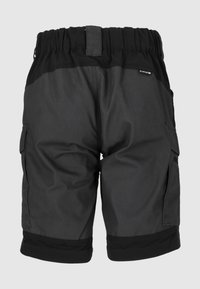 Svarta cargo-shorts med elastisk midja, sidofickor, slät yta och uppvikta fållar. Hållbar och funktionell design.