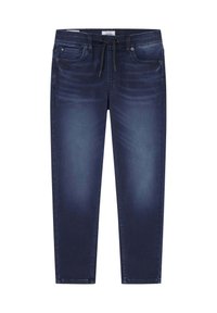 Jeans de mezclilla con un lavado azul oscuro, con cintura ajustable, cinco bolsillos y un ligero desgaste en los muslos para dar textura.