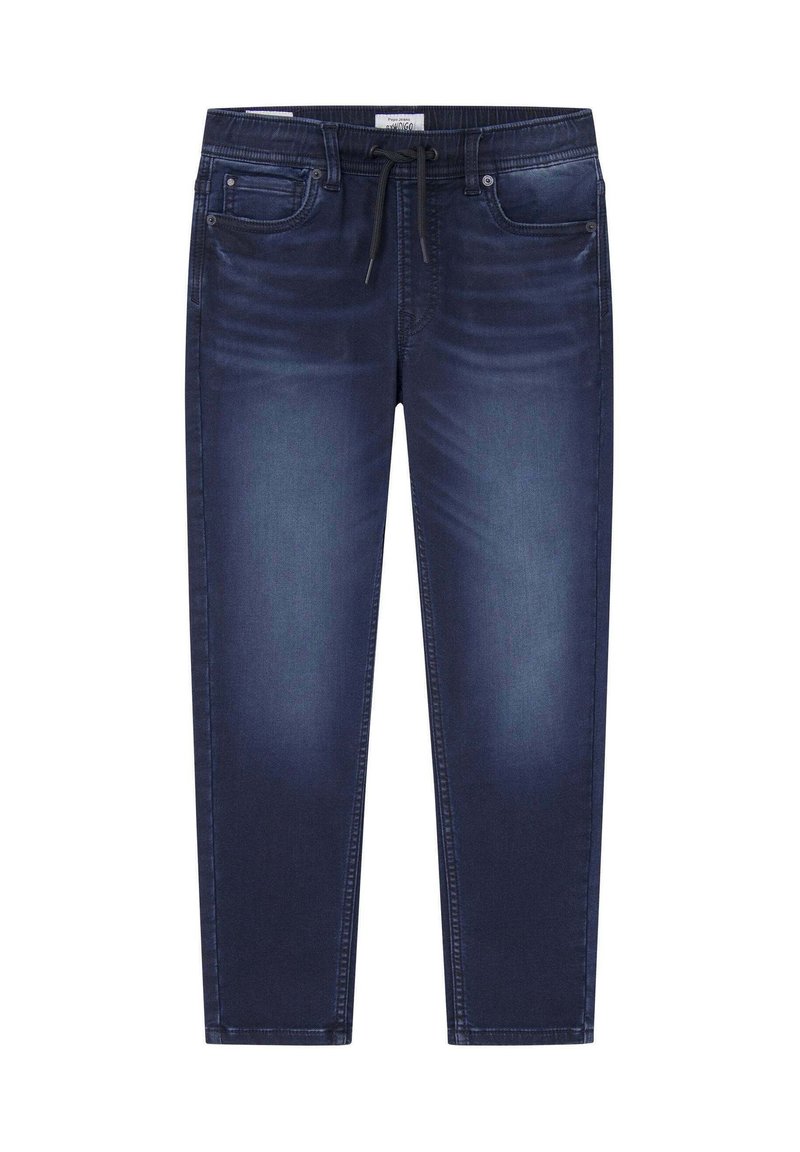 Jeans de mezclilla con un lavado azul oscuro, con cintura ajustable, cinco bolsillos y un ligero desgaste en los muslos para dar textura.