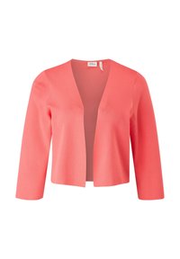 Koralowy lekki kardigan z dekoltem w serek, otwartym przodem oraz rękawami o długości do połowy ramienia, wykonany z miękkiej dzianiny. Gładka tekstura, bez wzorów.