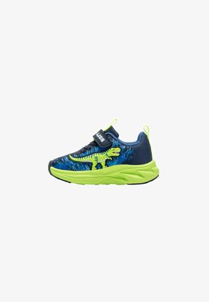 Scarpa da ginnastica per bambini blu navy e verde brillante con grafica di dinosauro, cinturino in Velcro e suola ammortizzata.