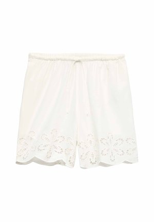 Pantalones cortos blancos con cintura elástica y cordón, con bordado floral recortado a lo largo del dobladillo festoneado.