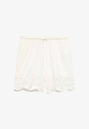 Pantalones cortos blancos con cintura elástica y cordón, con bordado floral recortado a lo largo del dobladillo festoneado.