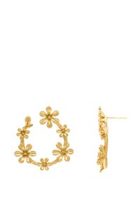 Orecchini a cerchio dorati con motivo floreale, presentano una superficie texturizzata con piccoli fiori uniformemente distribuiti attorno al design circolare. Include chiusura a stecco.