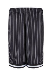 Shorts de sport noirs avec des rayures verticales blanches, taille élastique et un ourlet à rayures noires et blanches. Matière en mesh légère.