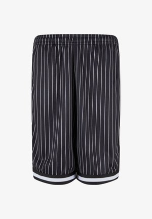 Fekete sportnadrág fehér függőleges csíkokkal, elasztikus derékpánttal és fekete-fehér csíkkal a szegélyen. Könnyű hálós anyag.