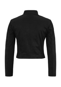 Zwarte cropped jacket met een kraag, gemaakt van gladde stof. Beschikt over lange mouwen en een minimalistisch ontwerp aan de achterkant. Geen zichtbare hardware of patronen.