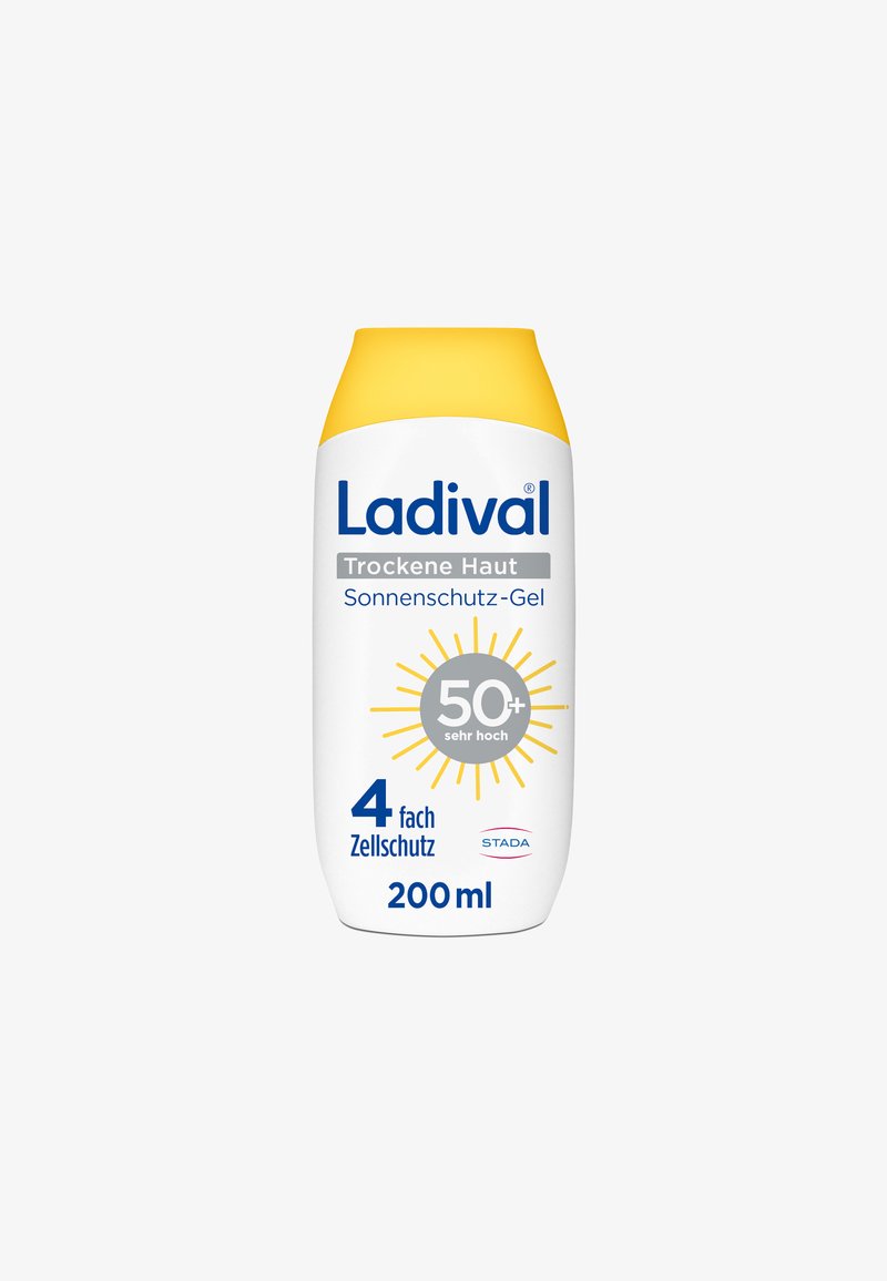 Ladival Sonnenschutzgel für trockene Haut, LSF 50+, vierfacher Zellschutz, 200 ml Flasche mit gelbem Verschluss.