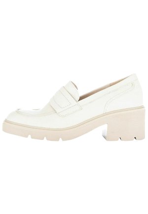 White leather loafer with a rounded toe, a strap across the vamp, and a chunky beige heel. Smooth texture with visible stitching details.