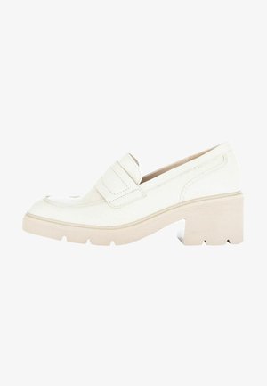 White leather loafer with a rounded toe, a strap across the vamp, and a chunky beige heel. Smooth texture with visible stitching details.
