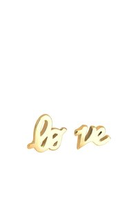 Ohrringe in Goldoptik mit den geschwungenen Wörtern "love" und "ve" in einem verspielten, offenen Design. Glatte Oberfläche mit polierter Ausstrahlung.