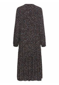 Langes, dunkles Kleid aus leichtem Stoff, mit einem Blumenmuster in Blau und Beige, langen Ärmeln und einer gerafften Taille mit einem ausgestellten Rock.