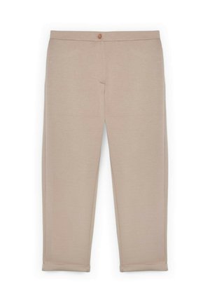 Beige, schlank geschnittene, gekürzte Hose mit vorderer Knopfleiste und umgeschlagenen Säumen, flach auf weißem Hintergrund dargestellt.