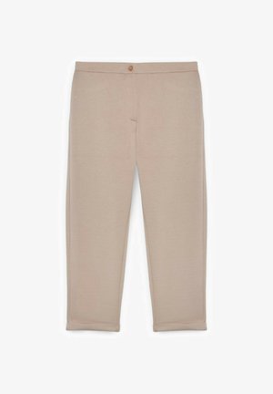 Pantalons beige slim fit coupés courts avec fermeture à boutons sur le devant et revers roulés, présentés à plat sur un fond blanc.