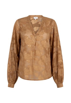 Blouse marron transparente avec motif floral, col en V, manches longues bouffantes et poignets boutonnés.