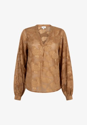 Blouse marron transparente avec motif floral, col en V, manches longues bouffantes et poignets boutonnés.