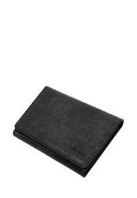 Portefeuille en cuir noir avec un motif texturé en cuir de crocodile. Il présente un design pliable et une marque en relief sur le devant.