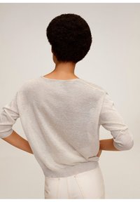 Light gray sweater with a relaxed fit, wide neckline, and three-quarter sleeves. Soft texture, ribbed cuffs, and hem. Back view shown.