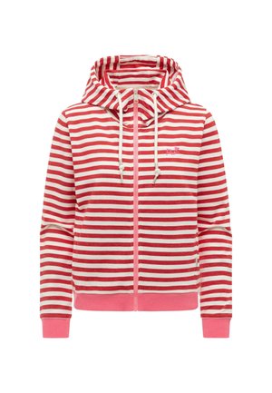 Red and white horizontal striped zip-up hoodie with drawstrings, ribbed cuffs, hem, and a small embroidered logo on the chest.
