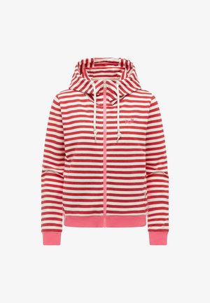 Czerwona i biała bluza z kapturem zapinana na suwak, z poziomymi paskami, sznurkami do regulacji, ściągaczami na rękawach i u dołu oraz małym haftowanym logo na piersi.