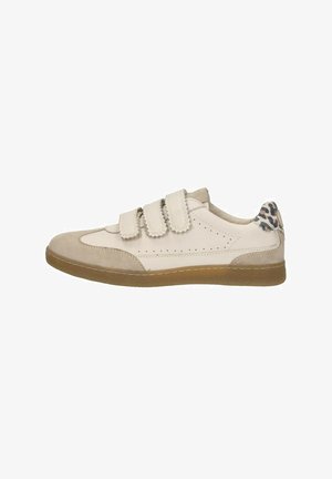 White leather and suede sneaker with dual Velcro straps, perforated design, and a tan rubber sole. Back heel features a leopard print accent.