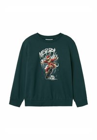 Felpa verde con maniche lunghe, collo a giro e polsini a coste. Presenta una grafica di un Babbo Natale che fa skateboard con il testo "MERRY".