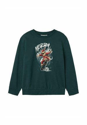 Felpa verde con maniche lunghe, collo a giro e polsini a coste. Presenta una grafica di un Babbo Natale che fa skateboard con il testo "MERRY".