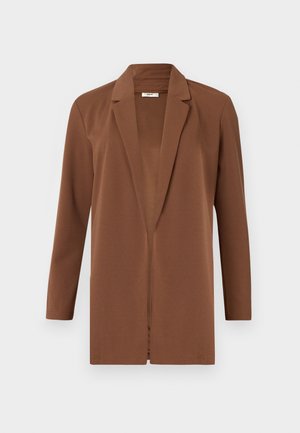 Pruun bleiser, mis on valmistatud siledast kangast, millel on lõigatud krae, pikad varrukad ja avatud esikülg ilma kinnitusteta.