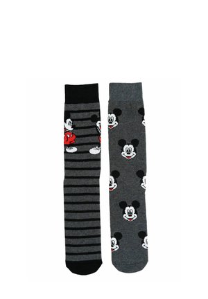Graue Socken mit schwarzen Streifen und roten Details links; grau mit wiederholenden schwarzen und weißen Cartoon-Mausgesichtern rechts.