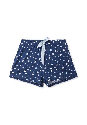 Shorts in cotone blu navy con motivi a cuori bianchi e azzurri. Presentano una morbida vita elastica con un cordoncino azzurro chiaro per la regolazione.