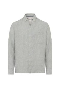 Long-sleeve button-up shirt in light gray fabric, featuring a chest pocket, soft texture, and button-down collar. Subtle heathered pattern.