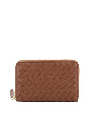 Brown leather wallet with woven texture and gold zipper, rectangular shape, and zip-around closure.