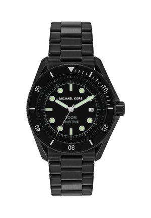 Schwarze Michael Kors Armbanduhr mit leuchtenden Zeigern und Markierungen, Datumsanzeige bei 3 Uhr, drehbarer Lünette und Metallgliederarmband.