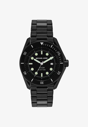 Orologio da polso Michael Kors nero con lancette e indici luminescenti, datario a ore 3, ghiera girevole e bracciale a maglie metalliche.