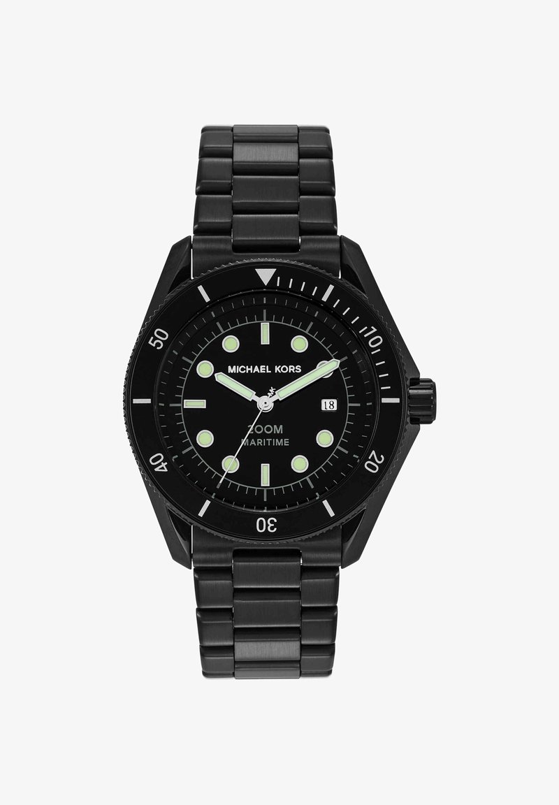 Orologio da polso Michael Kors nero con lancette e indici luminescenti, datario a ore 3, ghiera girevole e bracciale a maglie metalliche.