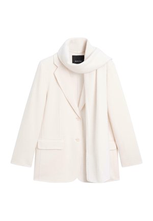 Hvid uldblandet blazer med en notch-lapel, to forlommer og et matchende tørklæde draperet over kraven. Blød tekstur og skræddersyet pasform.