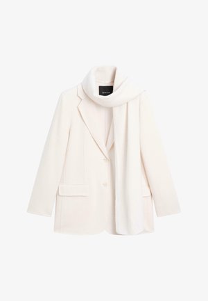 Witte wolmix blazer met een notch lapel, twee voorkeurszakken en een bijpassende sjaal die over de kraag is gedrapeerd. Zachte textuur en getailleerde pasvorm.