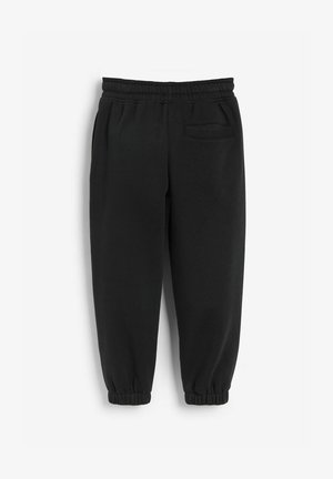 Čierne tepláky s elastickým pásom, manžetami na koncoch a jedným zadným vreckom. Mäkká látka s hladkým povrchom.