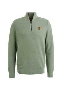 Groen gebreid sweater met een ritssluiting kraag en ribgebreide manchetten en zoom. Heeft een gestructureerd patroon en een klein merklabel op de borst.